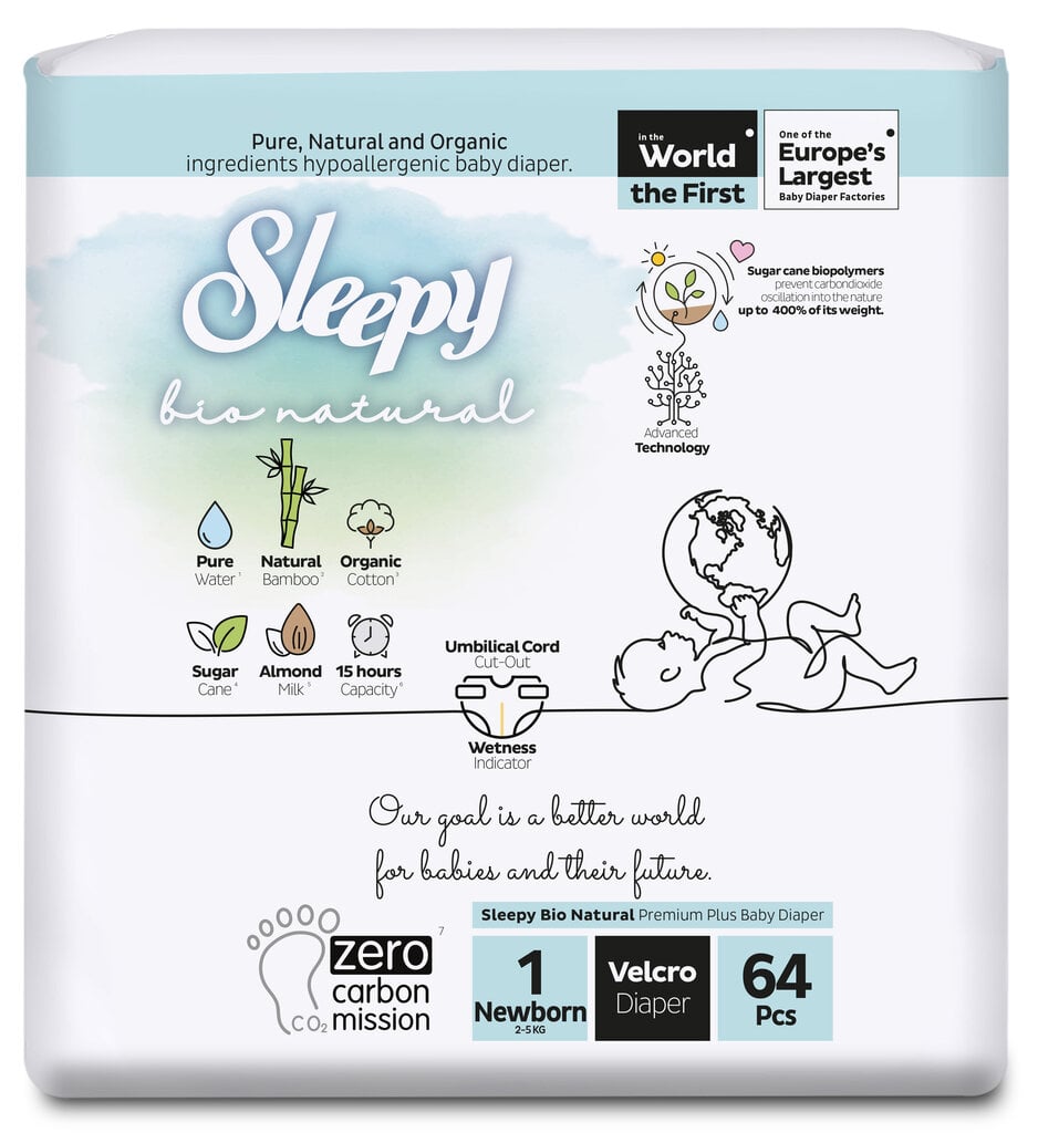 Autiņbiksītes jaundzimušajiem Sleepy, Bio Natural, 2-5 kg, 64 gab. cena un informācija | Autiņbiksītes | 220.lv