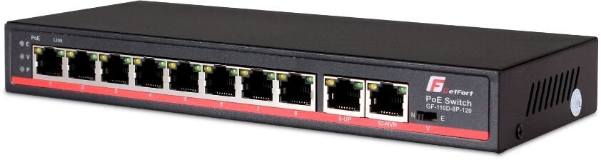 GetFort GF-110D-8P-120 network switch Unmanaged L2 Fast Ethernet (10/100) Power over Ethernet (PoE) Black цена и информация | Komutatori (Switch) | 220.lv