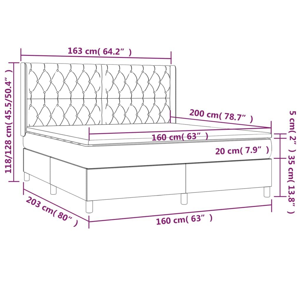 vidaXL atsperu gulta ar matraci, tumši pelēks samts, 160x200 cm cena un informācija | Gultas | 220.lv