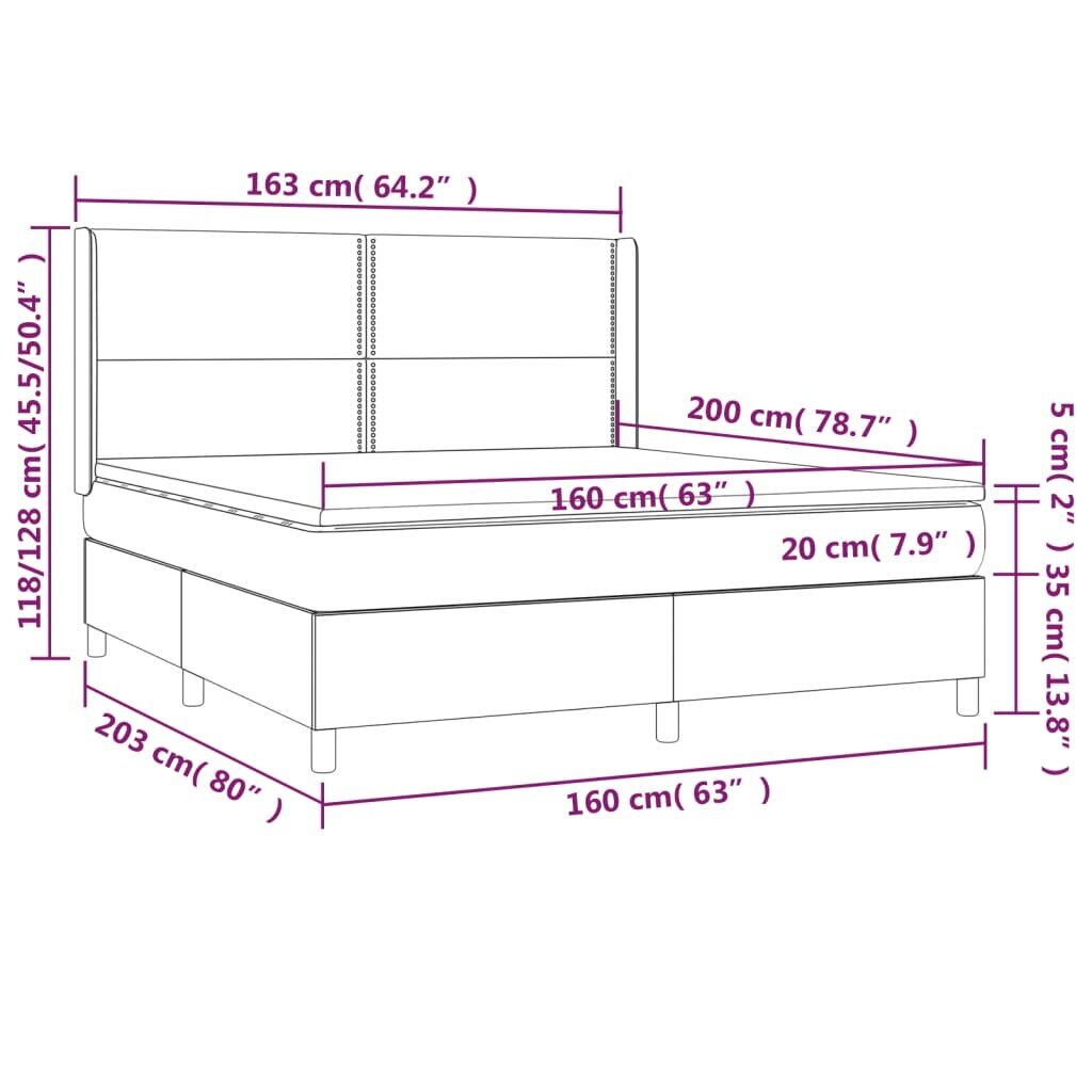 vidaXL atsperu gulta ar matraci, tumši pelēks samts, 160x200 cm cena un informācija | Gultas | 220.lv