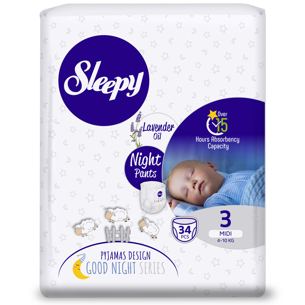 Autiņbiksītes-biksītes ar lavandas eļļu Sleepy, Night, 3 Midi, 4-10 kg, 34 gab. цена и информация | Autiņbiksītes | 220.lv