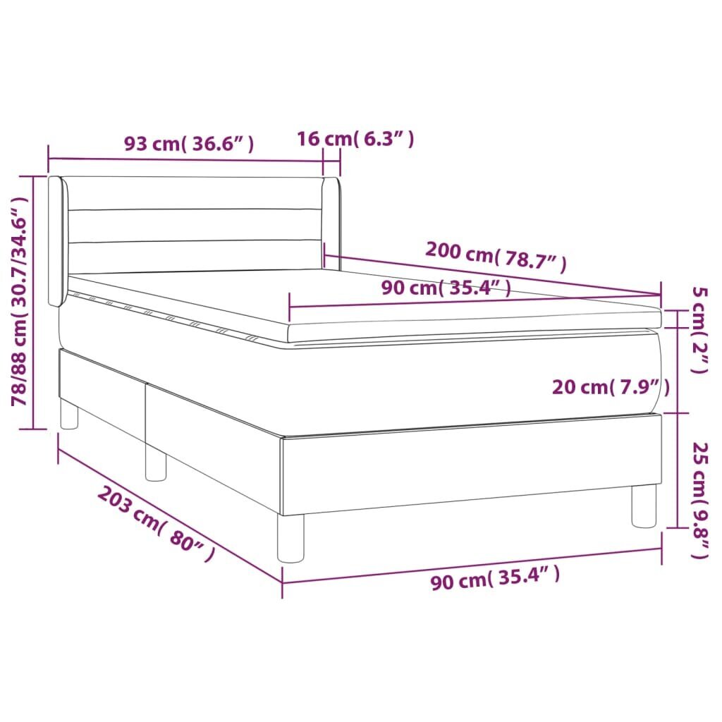 vidaXL atsperu gultas rāmis ar matraci, pelēkbrūna, 90x200 cm, audums cena un informācija | Gultas | 220.lv