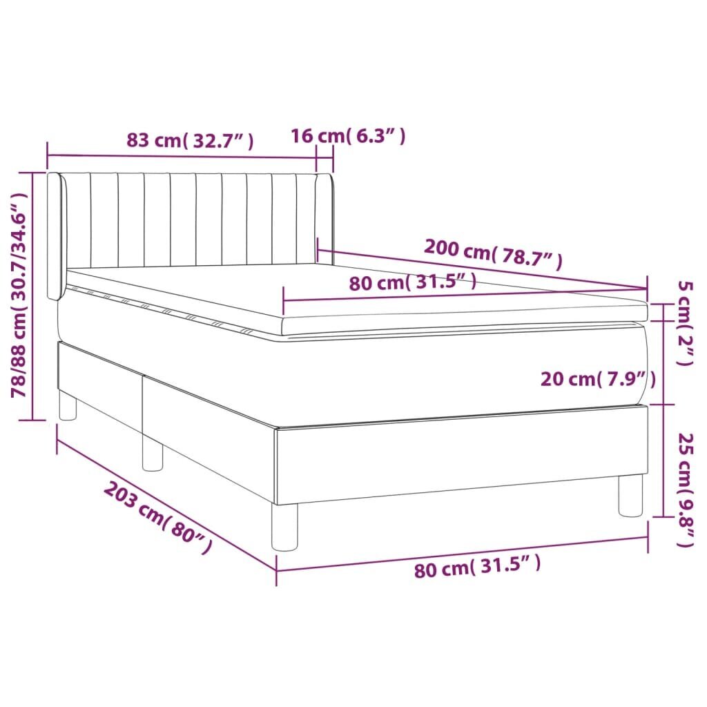 vidaXL atsperu gultas rāmis ar matraci, pelēkbrūna, 80x200 cm, audums cena un informācija | Gultas | 220.lv