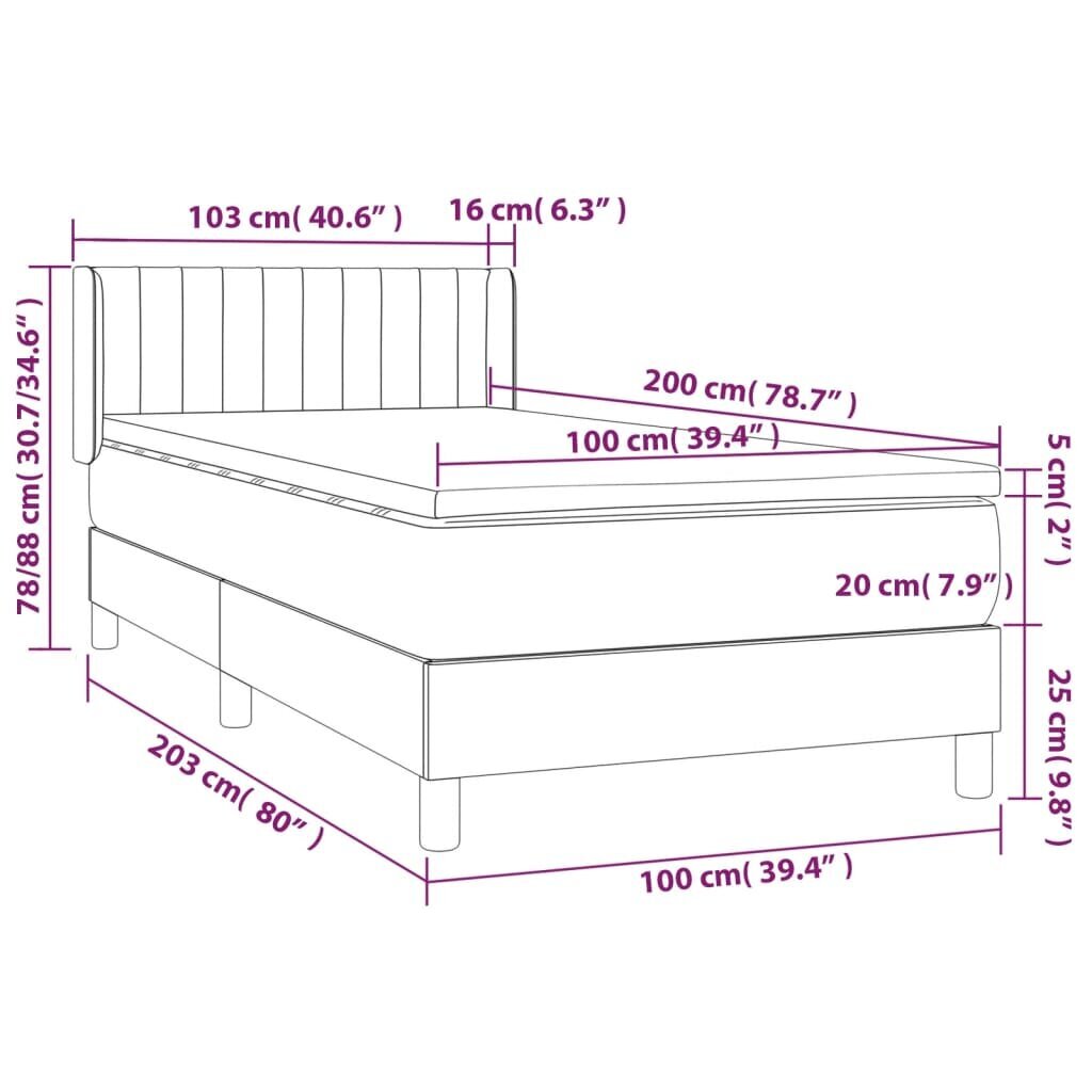 vidaXL atsperu gultas rāmis ar matraci, tumši pelēks audums, 100x200cm cena un informācija | Gultas | 220.lv