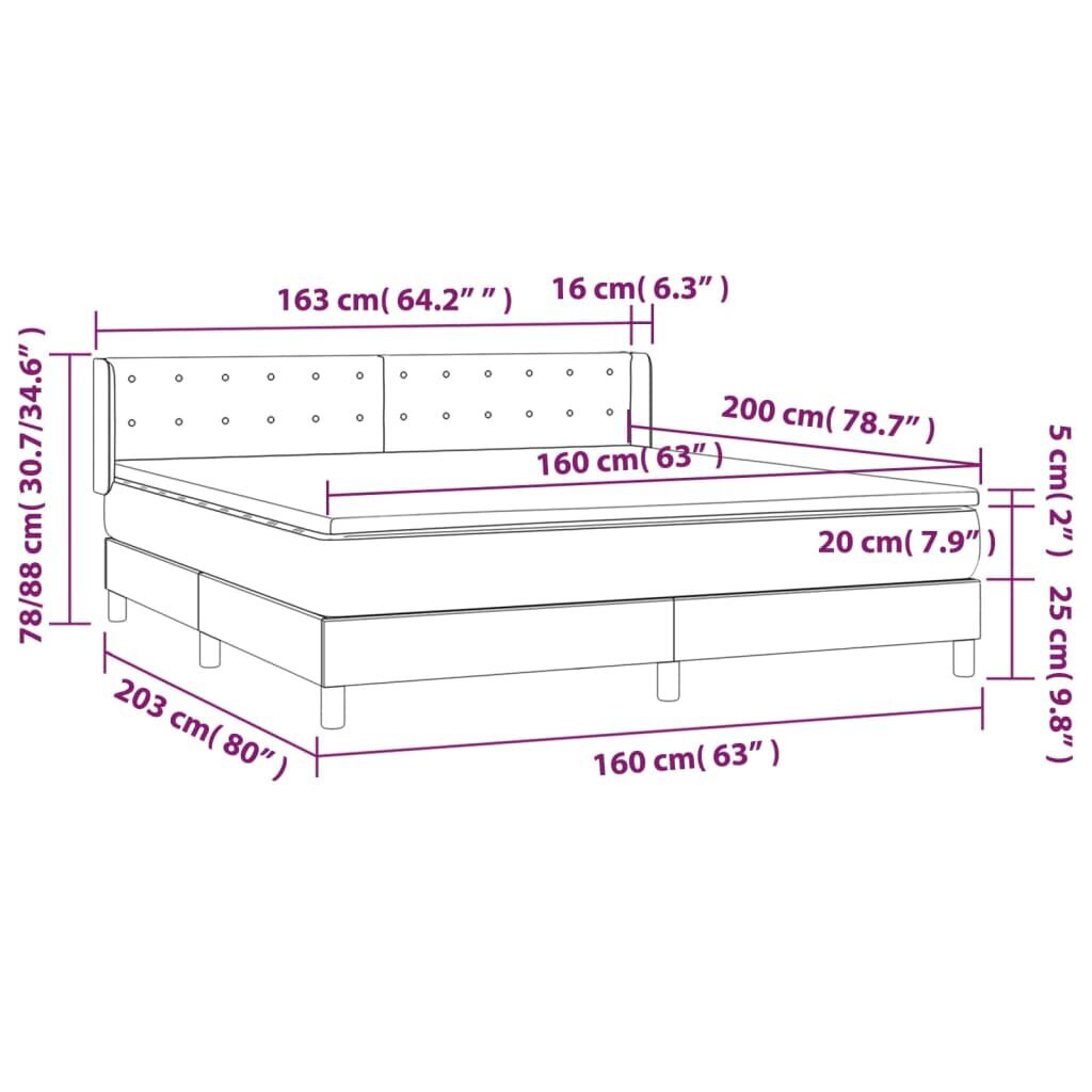 vidaXL atsperu gulta ar matraci, rozā samts, 160x200 cm cena un informācija | Gultas | 220.lv