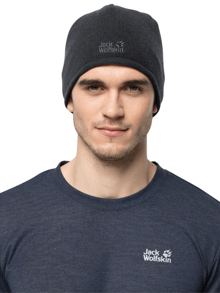 Vīriešu cepure JACK WOLFSKIN Stormlock Logo Knit, melna cena un informācija | Vīriešu cepures, šalles, cimdi | 220.lv