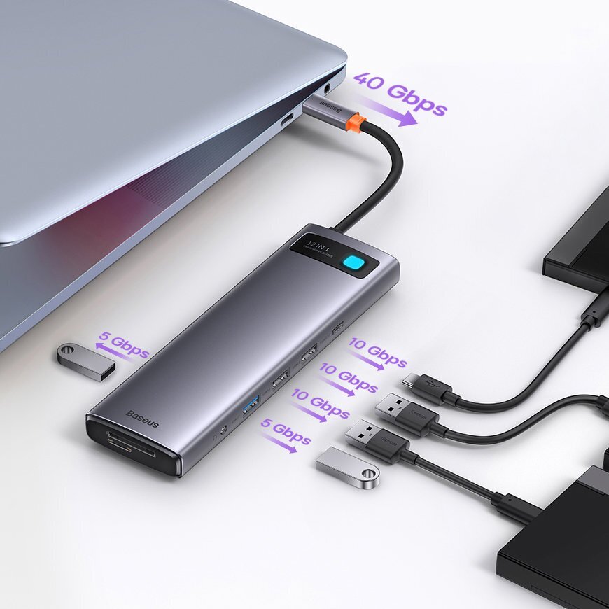 Baseus Metal Gleam multi-functional HUB USB Type C 12in1 HDMI / DP / USB Type C / minijack 3.5mm / RJ45 / SD (WKWG020213) cena un informācija | Adapteri un USB centrmezgli | 220.lv