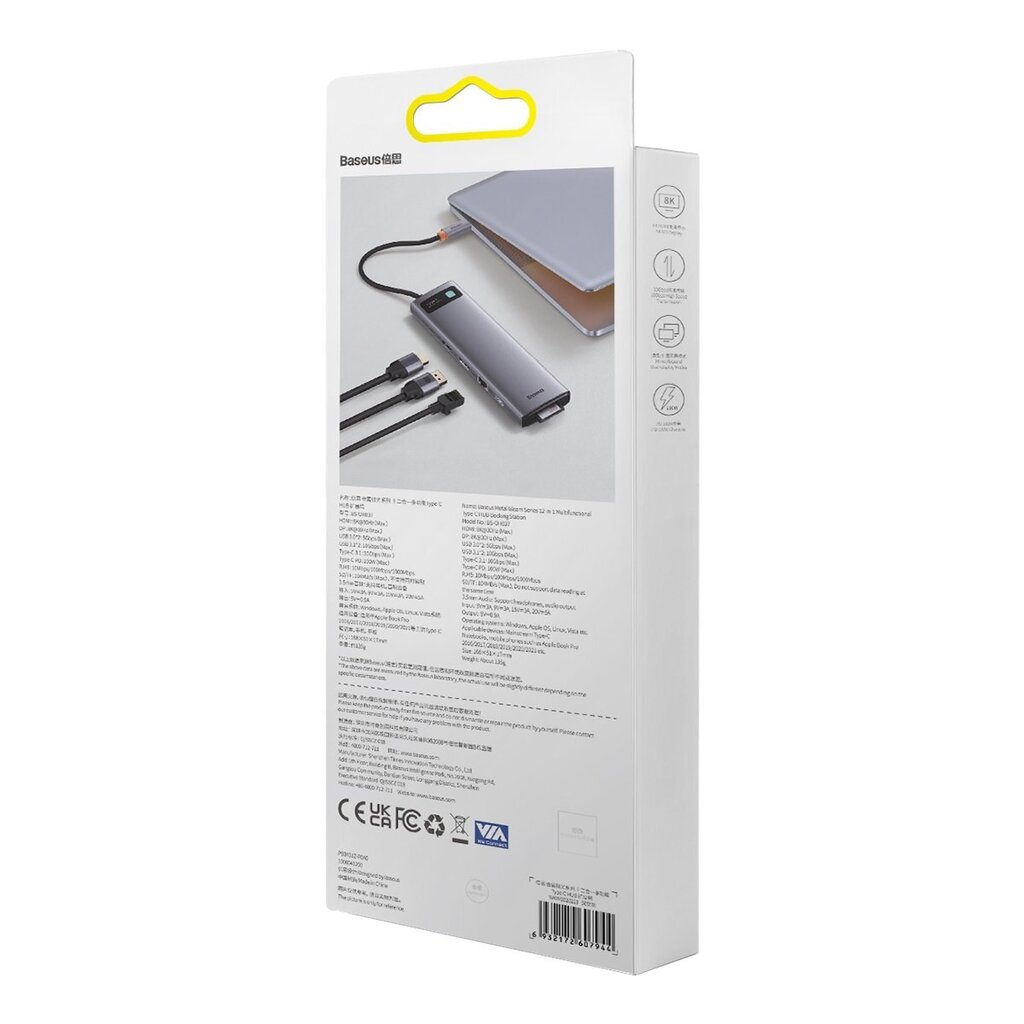 Baseus Metal Gleam multi-functional HUB USB Type C 12in1 HDMI / DP / USB Type C / minijack 3.5mm / RJ45 / SD (WKWG020213) cena un informācija | Adapteri un USB centrmezgli | 220.lv