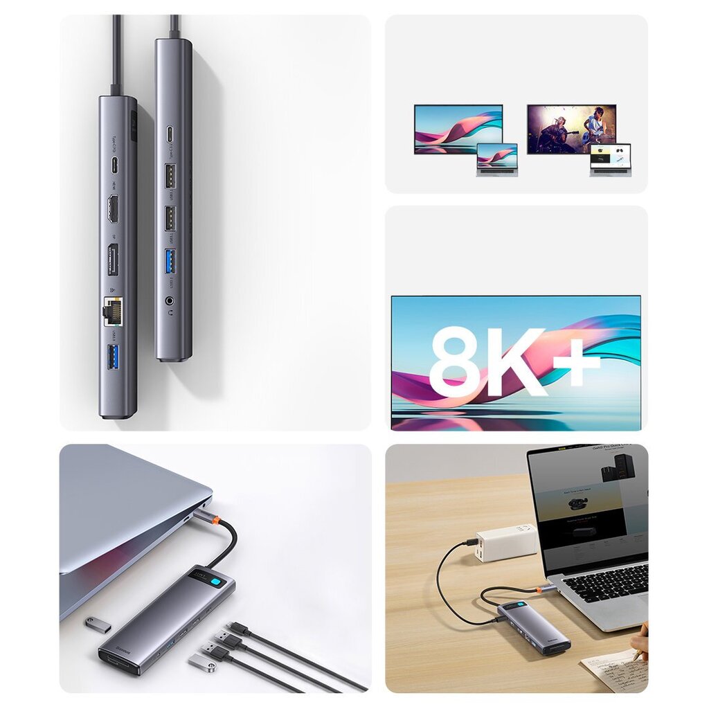 Baseus Metal Gleam multi-functional HUB USB Type C 12in1 HDMI / DP / USB Type C / minijack 3.5mm / RJ45 / SD (WKWG020213) cena un informācija | Adapteri un USB centrmezgli | 220.lv