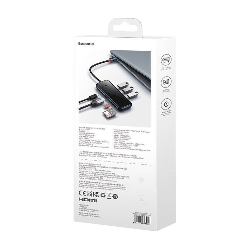 Hub 7in1 Baseus AcmeJoy Series USB-C to 2xUSB 3.0 + HDMI + USB 2.0 + USB-C PD + SD|TF (dark grey) cena un informācija | Adapteri un USB centrmezgli | 220.lv