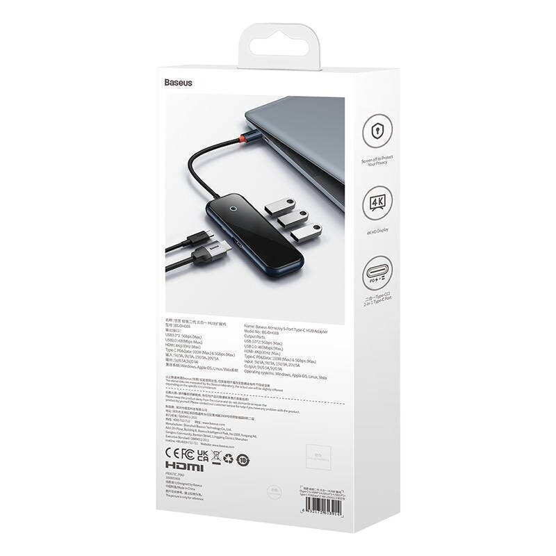 Hub 5in1 Baseus AcmeJoy series USB-C to 2xUSB 3.0 + USB 2.0 + USB-C PD + HDMI (dark grey) cena un informācija | Adapteri un USB centrmezgli | 220.lv