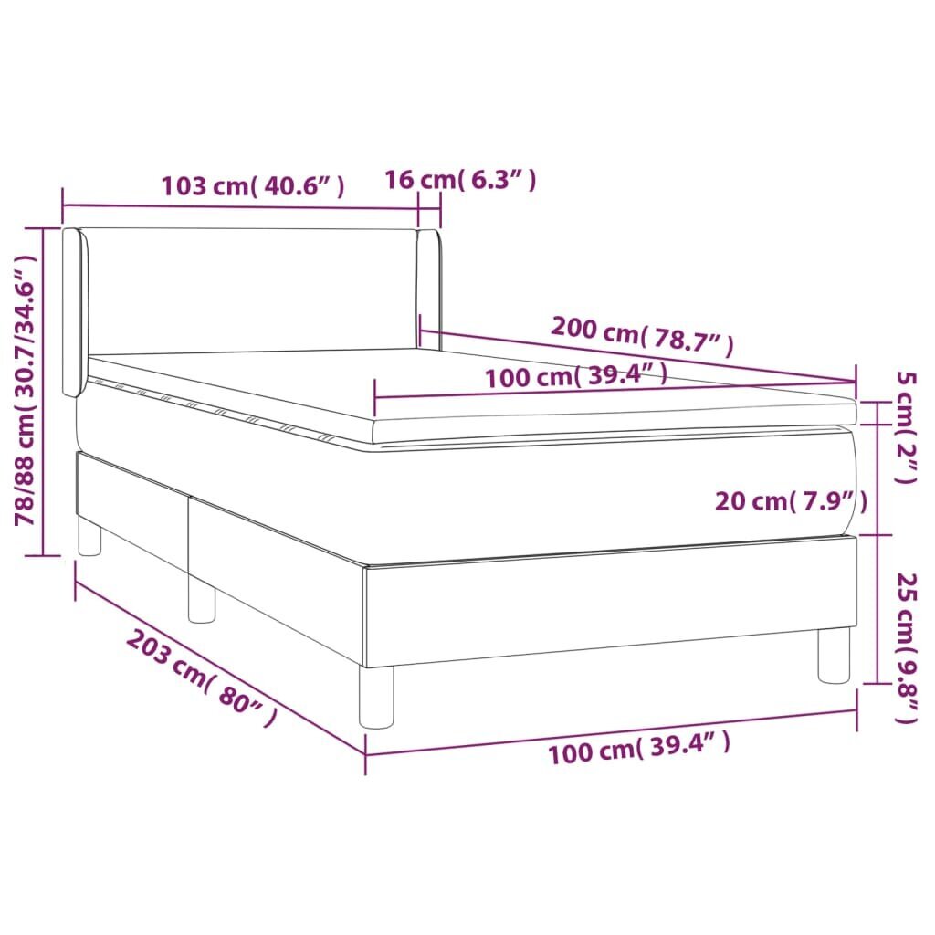 vidaXL atsperu gultas rāmis ar matraci, gaiši pelēks audums, 100x200cm cena un informācija | Gultas | 220.lv