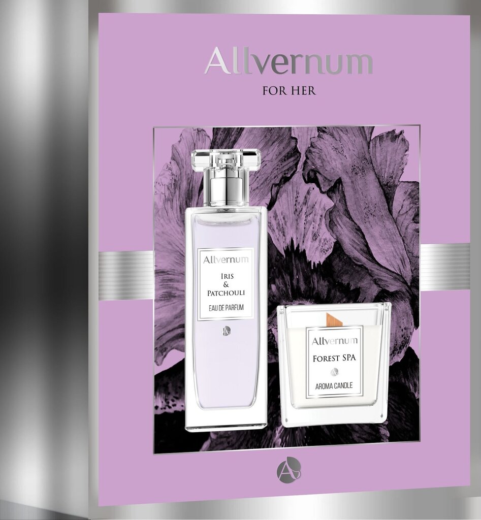 Komplekts Allverne Iris & Patchouli sievietēm: parfimērijas ūdens EDP 50 ml + aromātiskā svece 100 g цена и информация | Sieviešu smaržas | 220.lv