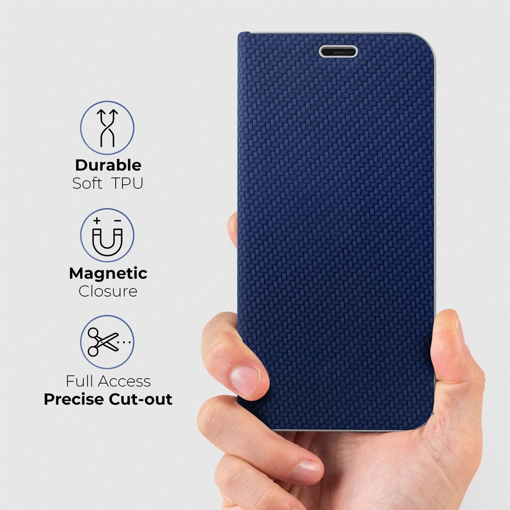 Moozy telefona maciņš - grāmatiņa ar karbona dizainu, saderīgs ar Samsung Galaxy A53 5G – vāciņš ar metālisku maliņu, statīva funkciju un karšu turētāju, Tumši zils cena un informācija | Telefonu vāciņi, maciņi | 220.lv