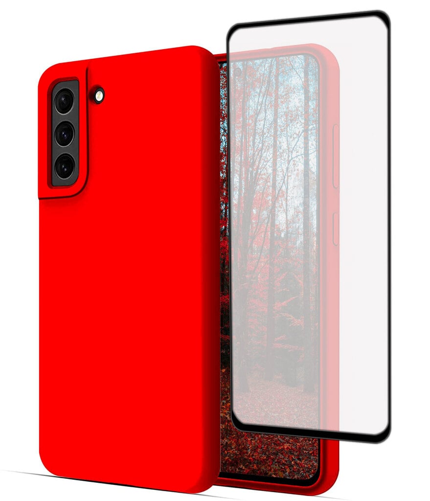 Komplekts - silikona vāciņš Samsung Galaxy S21 FE (real liquide silicone Easy Clean) sarkans - Red Candy + aizsargstikls Superior 5D cena un informācija | Telefonu vāciņi, maciņi | 220.lv