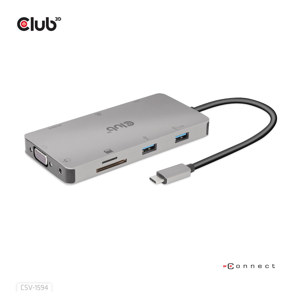 CLUB3D USB Gen1 Type-C 9-in-1 hub with HDMI, VGA, 2x USB Gen1 Type-A, RJ45, SD/Micro SD card slots and USB Gen1 Type-C Female port cena un informācija | Adapteri un USB centrmezgli | 220.lv