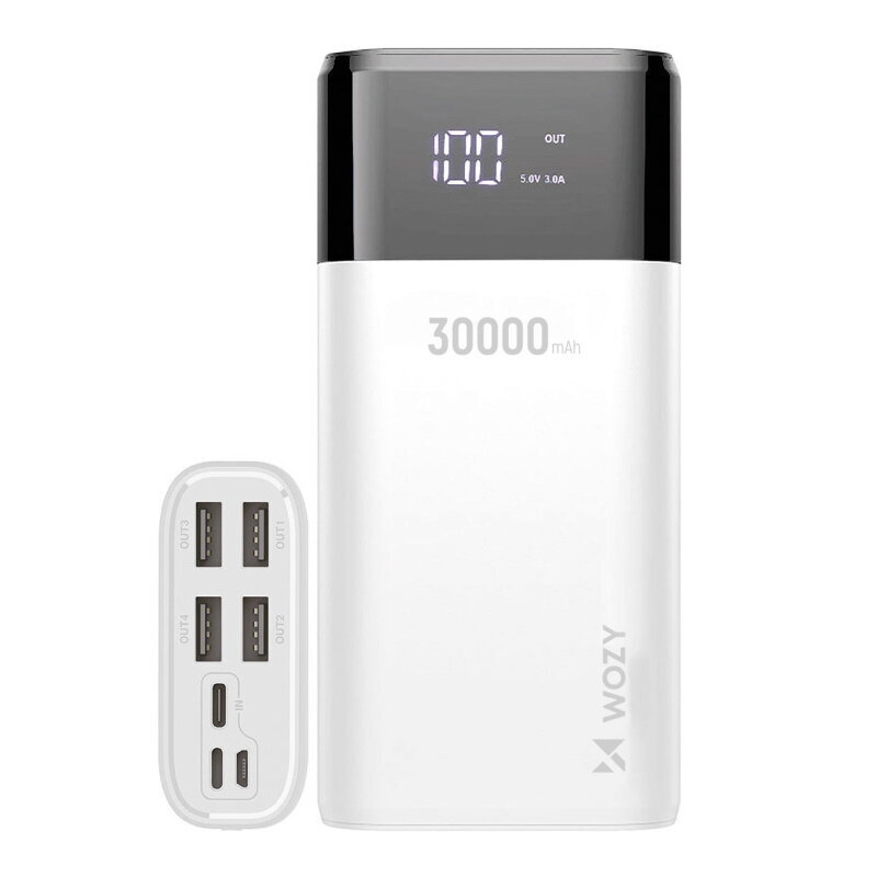 Wozy W30BK 30000mAh Mega Power Bank Lādētājs 4x USB Out / Type C micro USB Lightning (in) Balta цена и информация | Lādētāji-akumulatori (Power bank) | 220.lv
