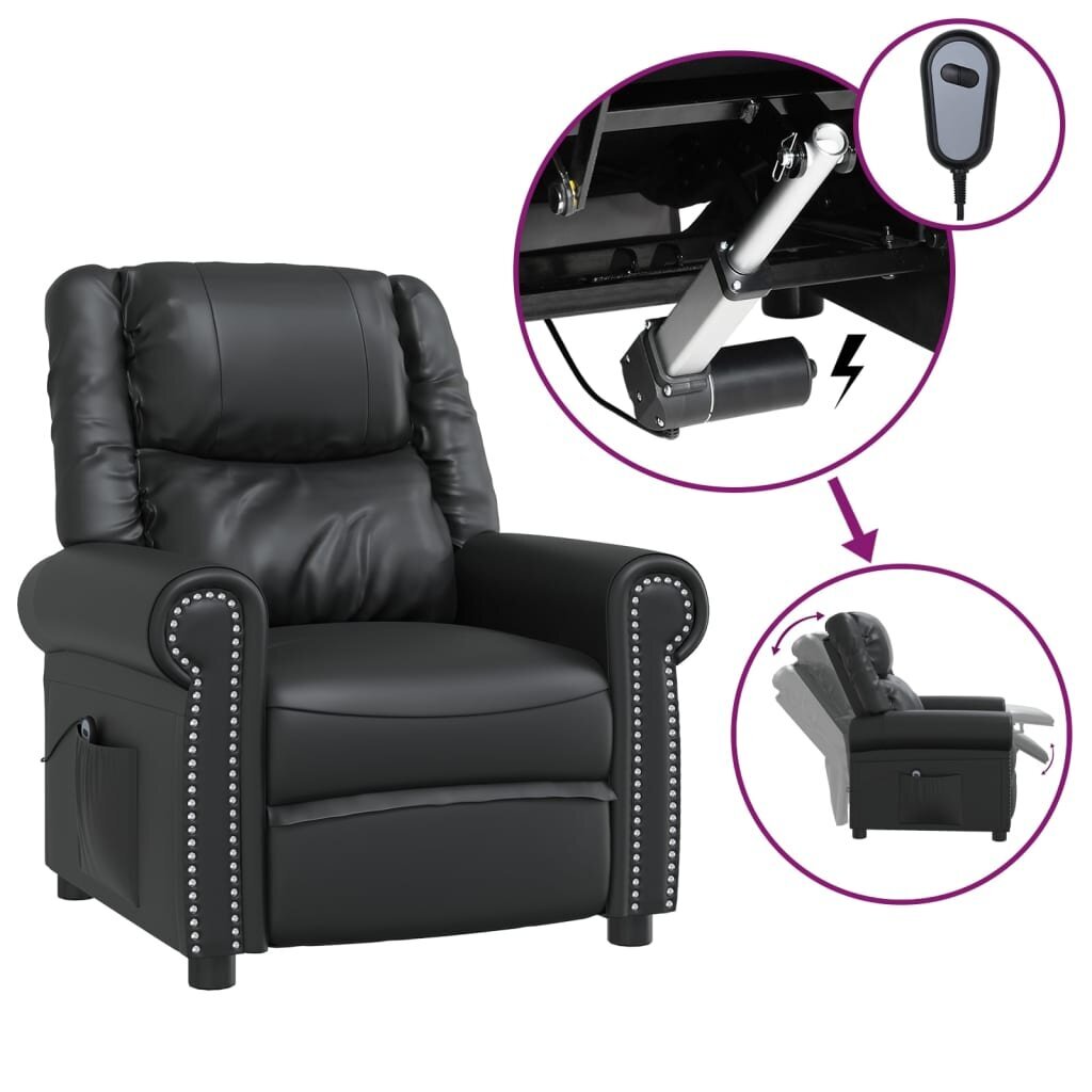 VidaXL elektrisks atpūtas krēsls, atgāžams, spīdīgi melna mākslīgā āda,  Juoda cena | 220.lv