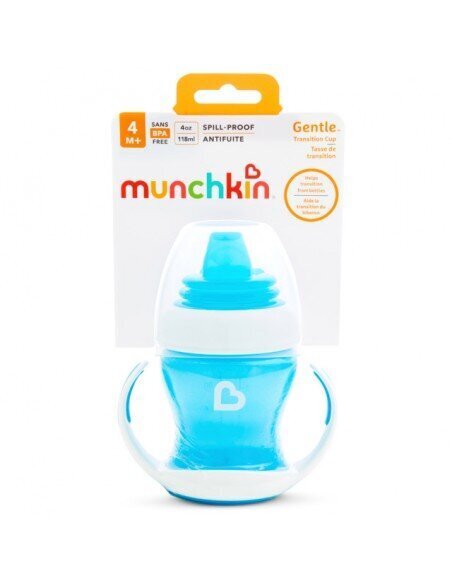 Mācību krūzīte ar rokturiem un mīkstu snīpi, Munchkin Gentle Transition, zila, 4mēn+, 118 ml, 012549WWW цена и информация | Bērnu trauki, piena uzglabāšanas trauciņi un piederumi | 220.lv