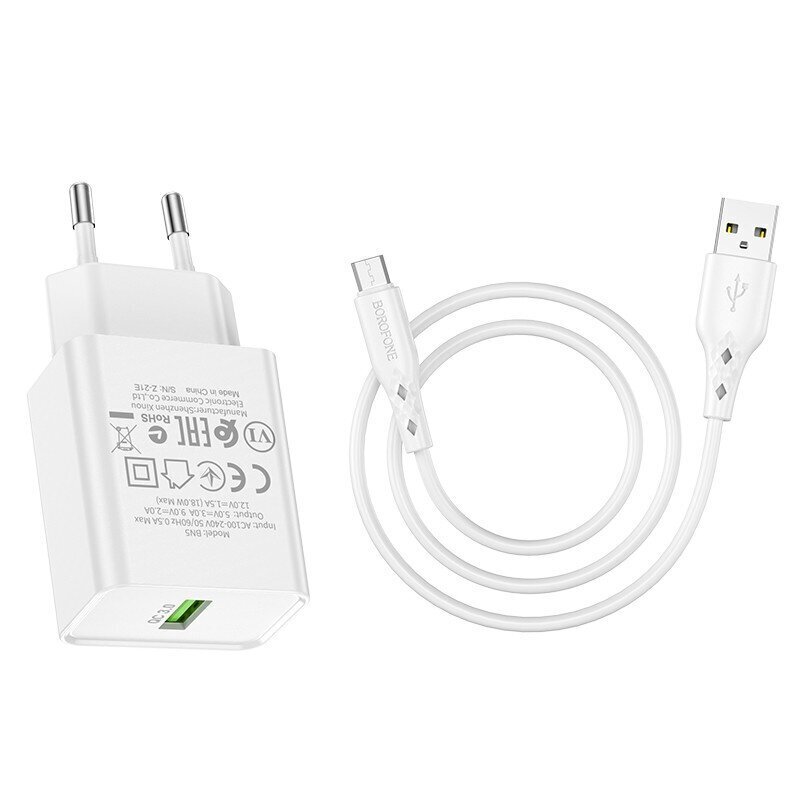 Lādētājs Borofone BN5 QC 3.0 18W + microUSB balts cena un informācija | Lādētāji un adapteri | 220.lv