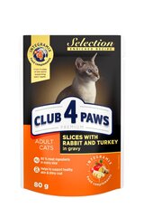 Pilnvērtīgi konservi pieaugušiem kaķiem Club 4 Paws Premium - gabaliņi ar trusi un tītaru mērcē, 80 g x 24 gab. cena un informācija | Sausā barība kaķiem | 220.lv