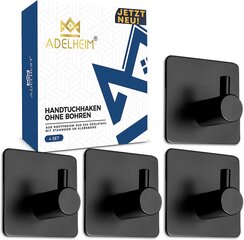 Adelheim® [4er Set | Из нержавеющей стали] крючок для полотенца премиум-класса без бурения- гарантированное удержание благодаря сертифицированному держателю полотенца на 3 м, черные, клейкие крючки, держатель полотенец без бурения (Schawarz) цена и информация | Аксессуары для ванной комнаты | 220.lv