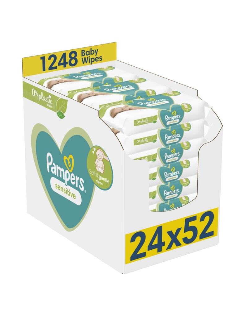 Mitrās salvetes Pampers Sensitive Plastic Free, 24 x 52 gab. цена и информация | Mitrās salvetes, vienreizlietojamie paladziņi | 220.lv