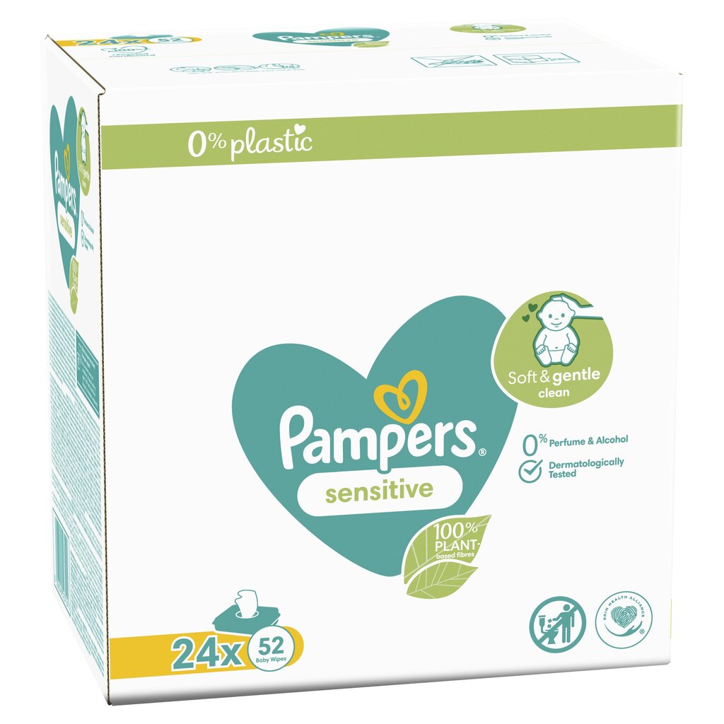 Mitrās salvetes Pampers Sensitive Plastic Free, 24 x 52 gab. цена и информация | Mitrās salvetes, vienreizlietojamie paladziņi | 220.lv