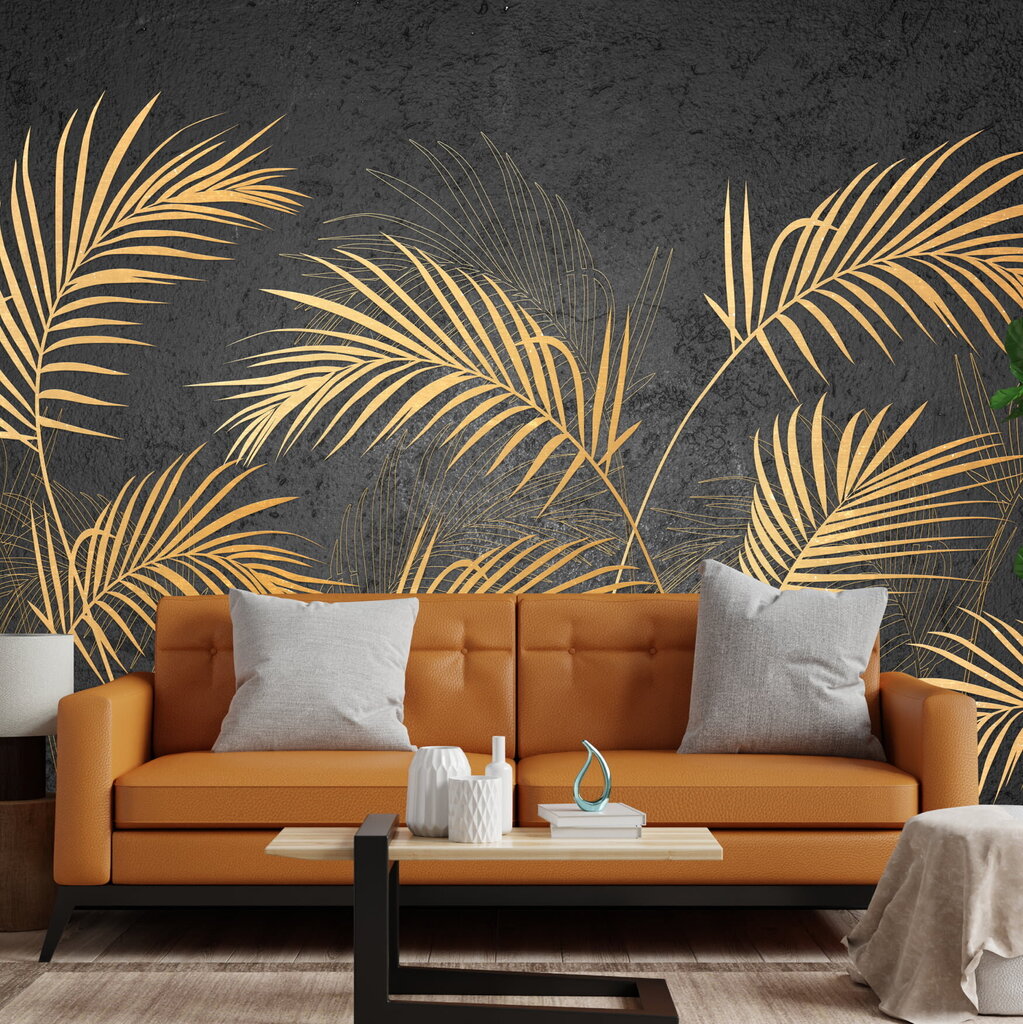 Sienas gleznojumi - modernas zelta palmu lapas cena un informācija | Fototapetes | 220.lv