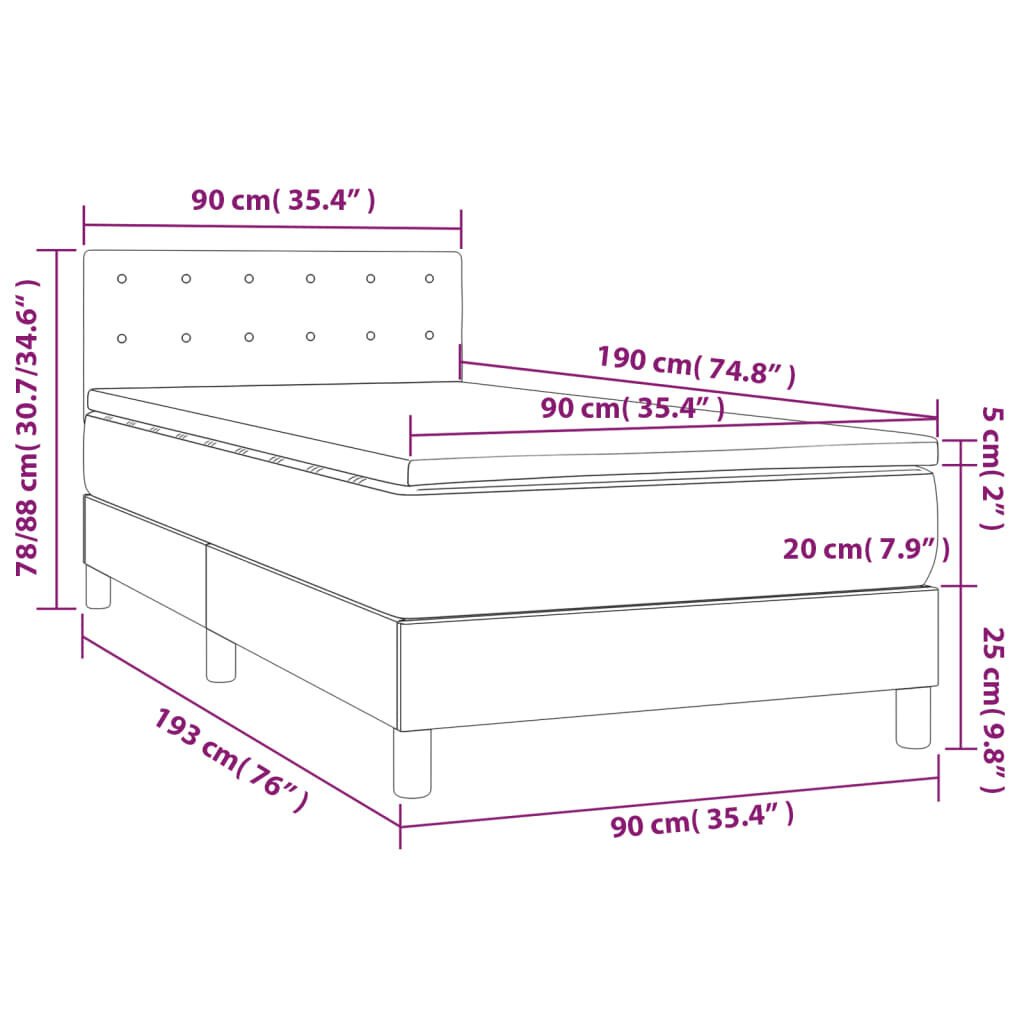 vidaXL atsperu gulta ar matraci, melna, 90x190 cm, audums cena un informācija | Gultas | 220.lv