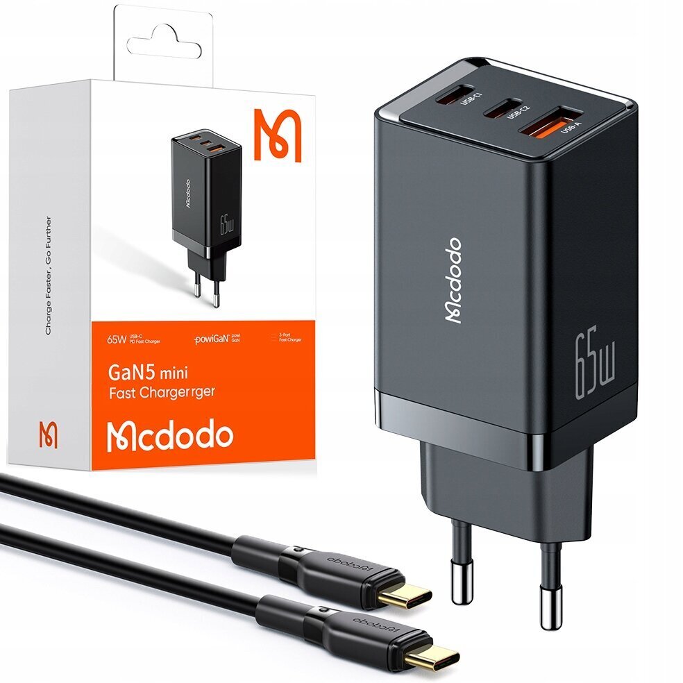 Адаптер Зарядное устройство для телефонов Mcdodo, GaN 5 PRO, быстрая зарядка,  USB-C, USB-A, 65 Вт, кабель в комплекте, черный, CH-1542 цена | 220.lv