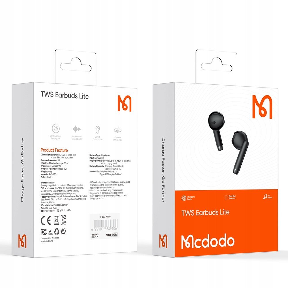 Mcdodo tālruņa austiņas, bezvadu, iebūvējamas ausīs, ar korpusu, Bluetooth 5, baltas cena un informācija | Austiņas | 220.lv