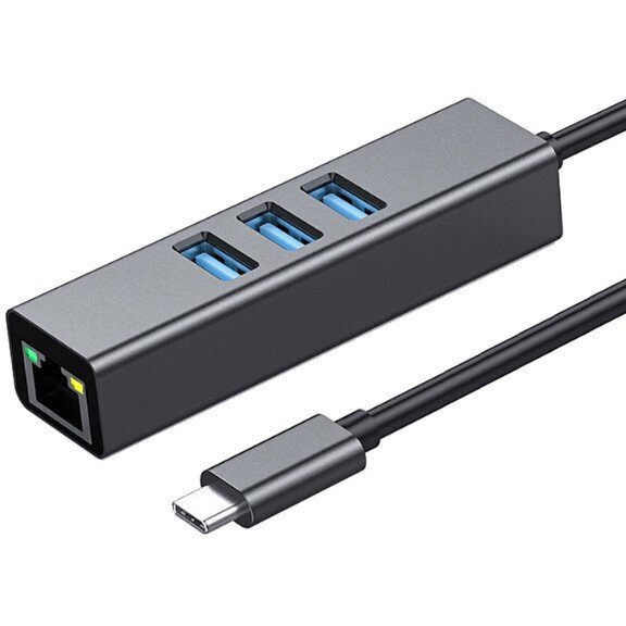 Adapteris HUB 3.0 , 3 porti, USB-C uz USB 3.0 + Ethernet RJ45 Gigabit 1000 MB Windows, MacOs, Linux cena un informācija | Adapteri un USB centrmezgli | 220.lv