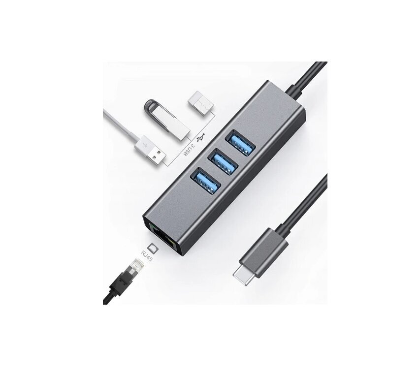 Adapteris HUB 3.0 , 3 porti, USB-C uz USB 3.0 + Ethernet RJ45 Gigabit 1000 MB Windows, MacOs, Linux cena un informācija | Adapteri un USB centrmezgli | 220.lv