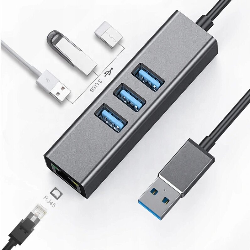 Adapteris HUB 3.0 , 3 USB 3.0 porti + Ethernet RJ45 Gigabit 1000 MB Windows, MacOs, Linux cena un informācija | Adapteri un USB centrmezgli | 220.lv