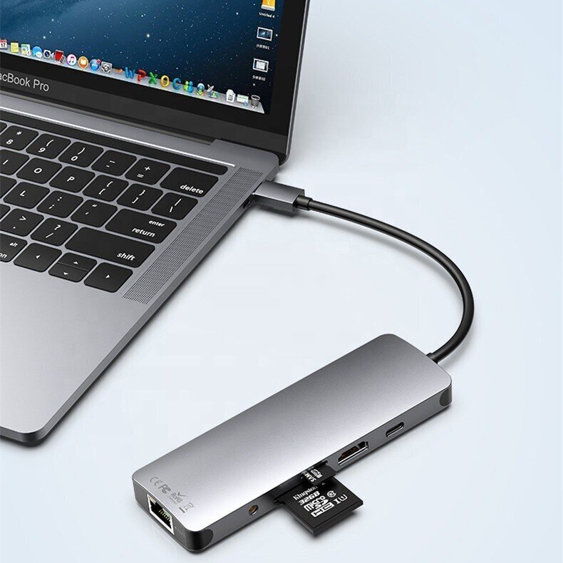 Klēpjdatora adapteris Co2, Centrālais mezgls 9in1, Mac Book Pro, USB-C, HDMI ,4K, SD karte , Micro SD karte, Ethernet Gigabit, Jack 3,5 mm, USB-C, Kosmiski pelēks cena un informācija | Adapteri un USB centrmezgli | 220.lv