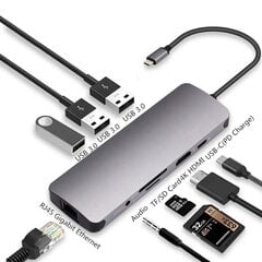 Адаптер для ноутбука Co2, концентратор 9 в 1, для Mac Book Pro, USB-C, HDMI ,4K, SD-карта, Micro SD-карта, Ethernet Gigabit, разъем 3,5 мм, USB-C, Space gray цена и информация | Адаптеры и USB разветвители | 220.lv