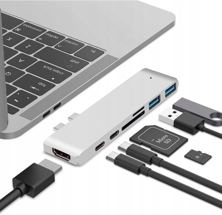 Klēpjdatora koncentrators Co2, 7v1, Apple, MacBook Pro , Air Retina, USB-C, HDMI, SD atmiņas karte, Micro SD, 1 x HD, sudrabots cena un informācija | Adapteri un USB centrmezgli | 220.lv
