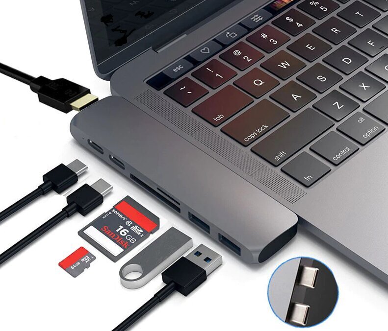 Klēpjdatora koncentrators Co2, 7v1, Apple, MacBook Pro , Air Retina, USB-C, HDMI, SD atmiņas karte, Micro SD, 1 x HD, sudrabots цена и информация | Adapteri un USB centrmezgli | 220.lv