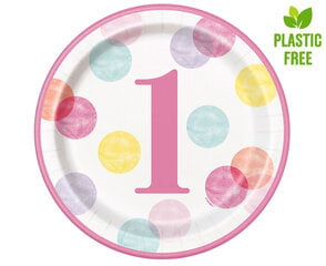Одноразовые бумажные тарелки 21,9 см, 8 шт, pink dots "First Birthday" 73285EU цена и информация | Праздничная одноразовая посуда | 220.lv