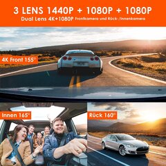 Vantrue N4 3 Lens Dashcam 1440p + Dual 1080p Camera Auto, 4K 3840x 2160p спереди, ночное видение инфракрасного ночного, 24/7, режим парка, WDR 2,45 дюйма IPS, теплостойкий Super-Concacitor Desmor Max 512GB цена и информация | Видеорегистраторы | 220.lv