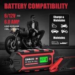 Gooloo S6 Carder Car Acature 6A 12V/6V SuperSafe Полное автоматическое интеллектуальное зарядное устройство KFZ, IP65, зарядное устройство для технического обслуживания и режим ремонта, для автомобиля, мотоцикла и газонокожих цена и информация | Зарядные станции для электромобилей | 220.lv