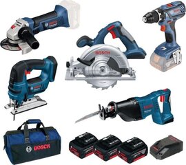 BOSCH 18 V 5 INSTRUMENTU KOMPLEKTS (GSR18 V-28 / GST / GWS18-125 V-LI / GKS18 V-LI / GSA18 V-LI) 3x4.0 Ah + SOMA цена и информация | Механические инструменты | 220.lv