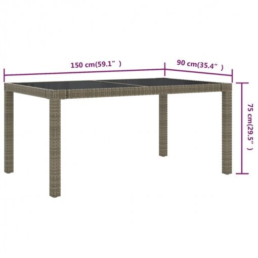 vidaXL dārza galds, 150x90x75 cm, rūdīts stikls, pelēka PE rotangpalma cena un informācija | Dārza galdi | 220.lv