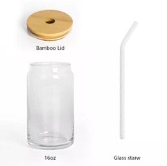 Caurspīdīga stikla glāze sodas bundžas formā, ar bambusa vāku un stikla salmiņu cena un informācija | Glāzes, krūzes, karafes | 220.lv