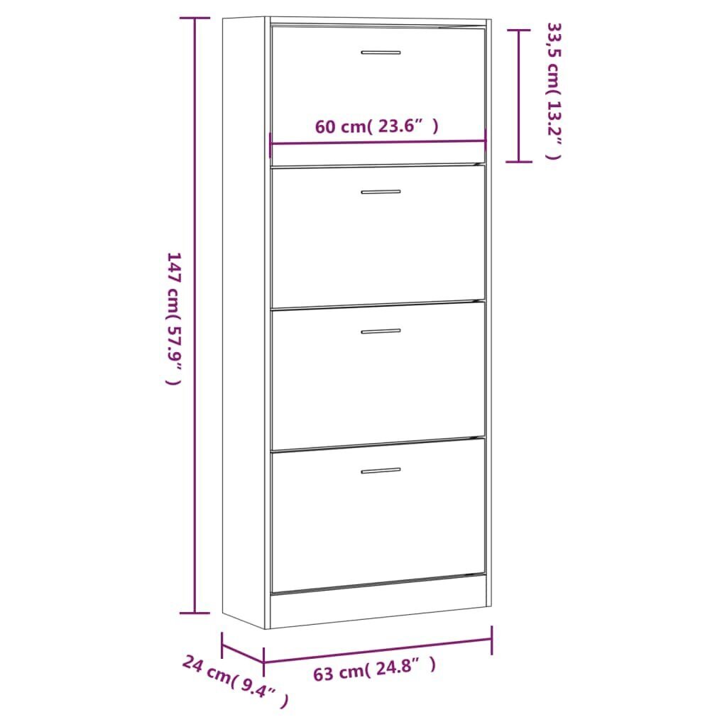 Apavu skapis, apstrādāts koks, 63x24x147cm, balts cena un informācija | Apavu skapji, apavu plaukti, priekšnama soliņi | 220.lv