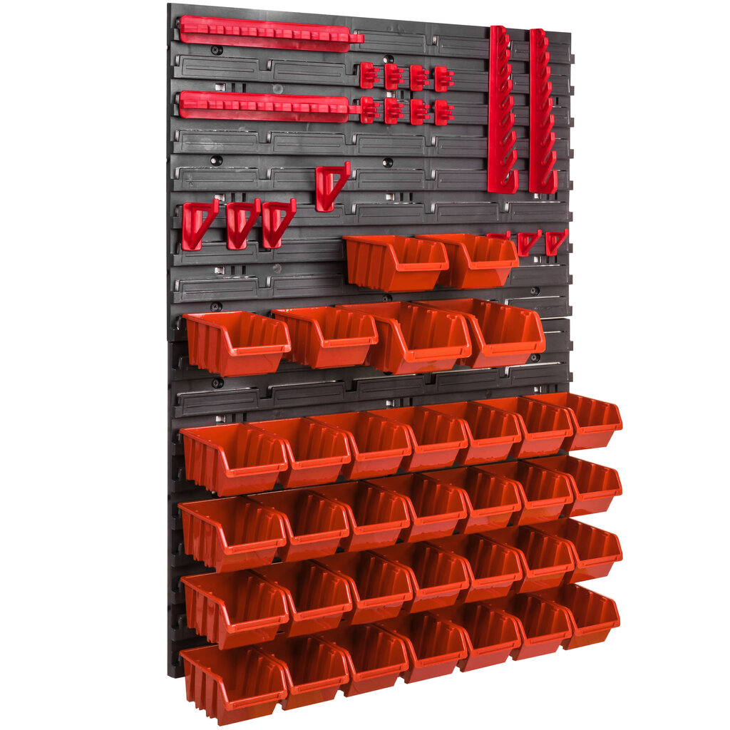 Darbnīcas sienas plaukts 57 x 78 cm sakraujami kastes instrumentu turētājs plastmasas 34 kastes oranžā krāsā cena un informācija | Instrumentu kastes | 220.lv