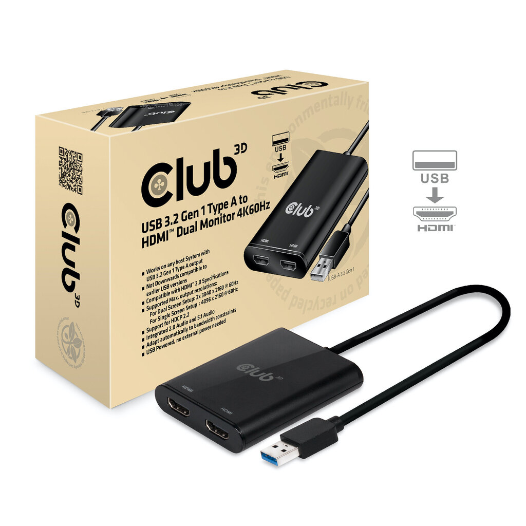 CLUB3D USB A to HDMI™ 2.0 Dual Monitor 4K 60Hz цена и информация | Adapteri un USB centrmezgli | 220.lv