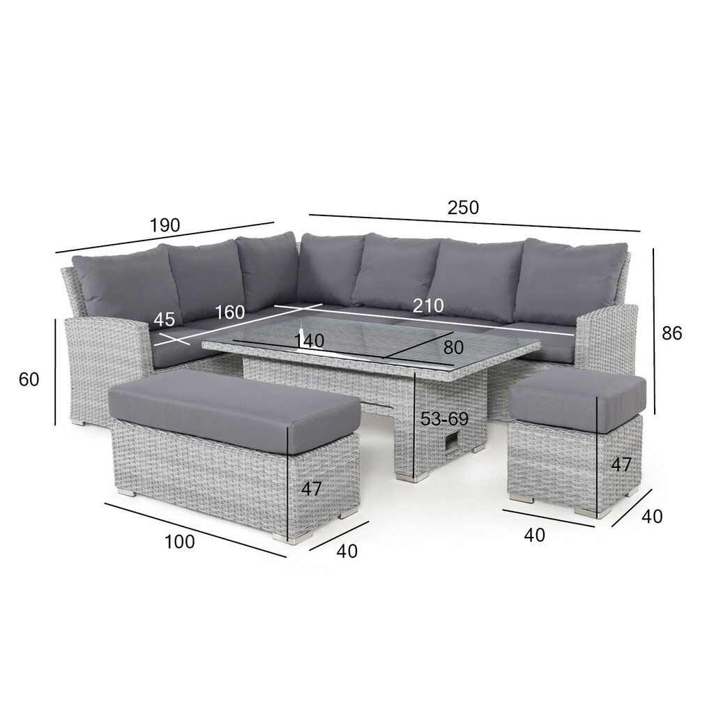 Dārza mēbeļu komplekts ASCOT stūra dīvāns, galds un 2 pufi, pelēks цена и информация | Dārza krēsli | 220.lv