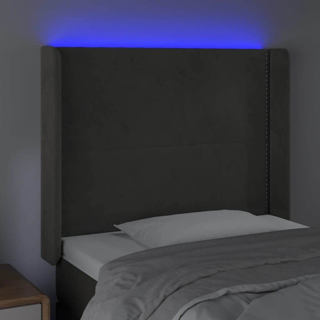 vidaXL gultas galvgalis ar LED, 103x16x118/128 cm, tumši pelēks samts cena un informācija | Gultas | 220.lv